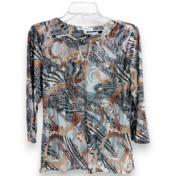 EMILY DANIELS-Women's Top-Brushed Abstract-3/4 Sleeve-SMALL-Black-Gray-Tan-White - Picture 2 of 15